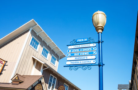 San Francisco, USA - September 21, 2015:  A sign of the attractions, shops and restaurants in the Pier 39.のeditorial素材