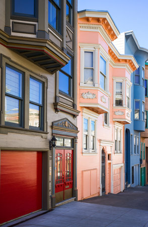 San Francisco, USA - September 23, 2015: The traditional colored houses of Filbert street, Telegraph...