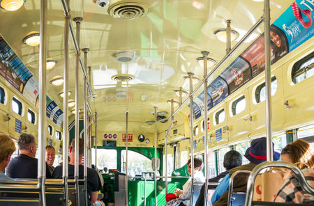 San Francisco, USA - September 26, 2015: Tourists travelling in an historical streetcarのeditorial素材