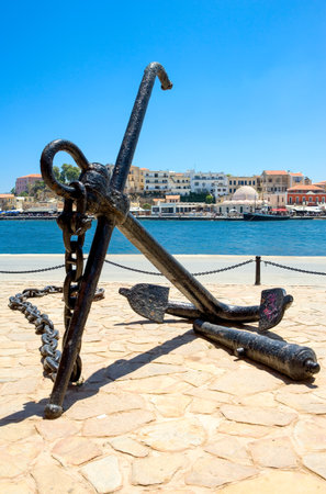 Greece, Crete, an ancient anchor and gun in the Chania seafrontの写真素材