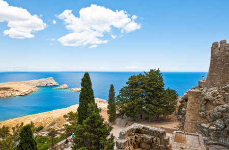 Greece, Dodecanese, Rhodes, view on the sea from the Acropoli of the Lindos villageのeditorial素材