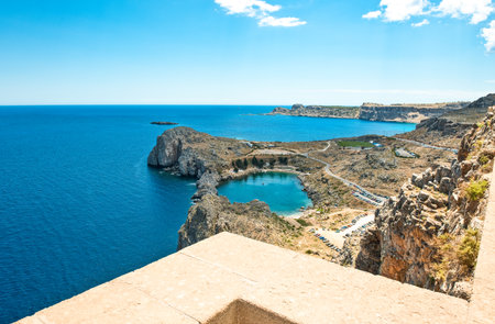 Greece, Dodecanese, Rhodes, view on the sea from the Acropoli of the Lindos villageのeditorial素材