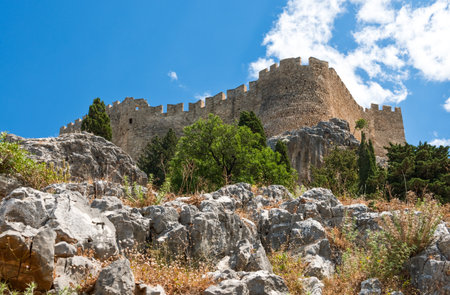 Greece, Dodecanese, Rhodes, the Acropoli of the Lindos villageの写真素材