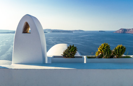 Greece, Santorini, view of the Caldera sea area from the Imerovigli villageの写真素材