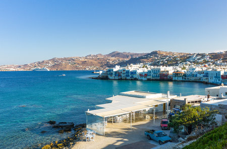 Mykonos, Greece - October 15, 2012:  View of the Chora old town from the historic windmills promontoryのeditorial素材