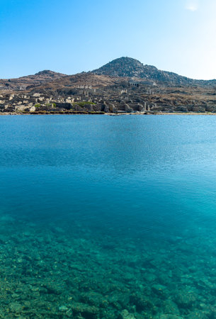 Greece, Delos, view of the archaeological site from the harborの写真素材