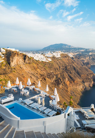 Greece, Santorini island, Imerovigli, panorama on the Fira village seen from the caldera pathwayの写真素材