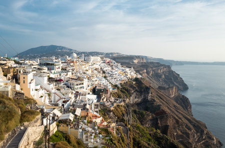 Greece, Santorini island, Fira, panoramic view of the village from the caldera pathwayの写真素材