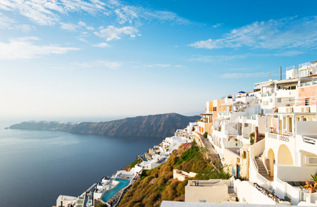 Santorini, Greece - October 17, 2015:  Imerovigli, panorama of the village on the caldera pathwayのeditorial素材