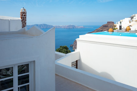Greece, Santorini island, Firostefani, traditional architectures on the caldera pathwayの写真素材