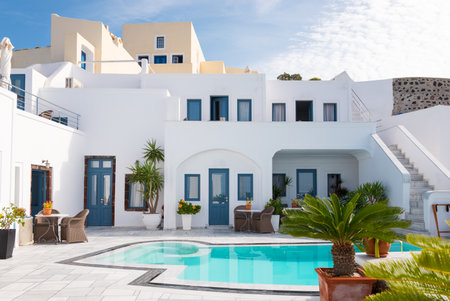 Santorini, Greece - October 17, 2015:  Firostefani, traditional architectures on the caldera pathwayのeditorial素材