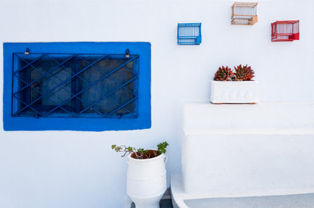 Greece, Santorini island, Firostefani, traditional architectures on the caldera pathwayの写真素材