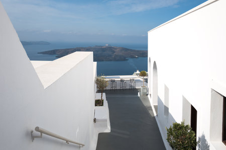 Greece, Santorini island, Fira, traditional architectures on the caldera pathwayの写真素材