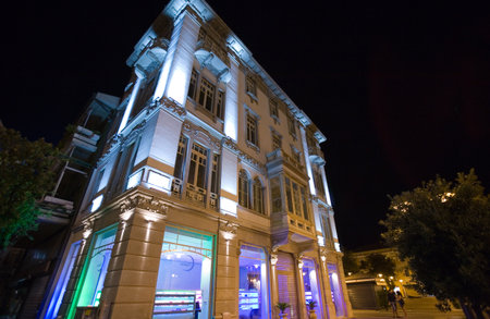 Pescara, Italy - Septmber 4, 2006: Night view of a classic palace in the city centerのeditorial素材