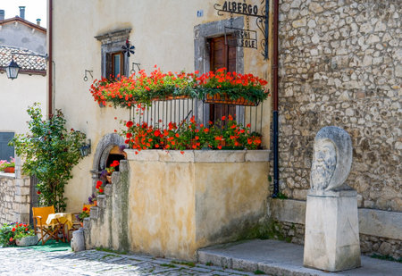 Pescocostanzo, Italy - August 19, 2006: The traditional architectures of an hotel in the country centerのeditorial素材
