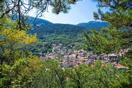 Italy, Introdacqua, panoramic view of the country with the mountains in the backgroundの写真素材