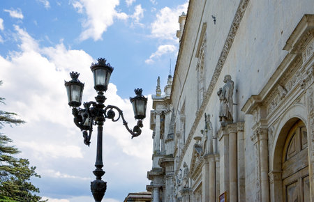 Italy, Sulmona, upward view of the facade of the Annunziata church and palaceの写真素材