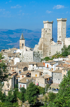 Italy, Pacentro,  view of the country with the towers of the Cantelmo castleの写真素材
