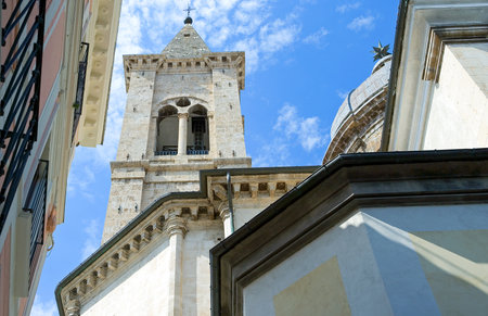 Italy, Sulmona, upward view of the bell tower of the Annunziata church and palaceの写真素材