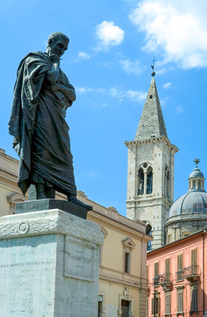 Italy, Sulmona, a typical view of the Ovidius Naso monument in XX Settembre square with the bell tower in the backgroundの写真素材