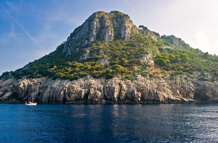 Italy,Capri, view from the sea of the west coast close to Punta Carenaの写真素材