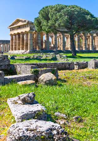 Paestum, Italy - April 7, 2011:  Archaeological site,  the Temple of Neptuneの写真素材