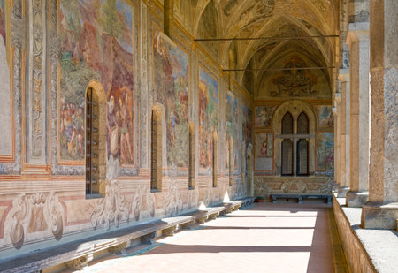 Naples, Italy - March 14, 2008:  Sacred paintings in   the Santa Chiara Monastery cloister