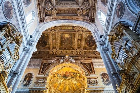 Italy, Naples, upward view of  the paintings and decorations  of the Duomo nave
