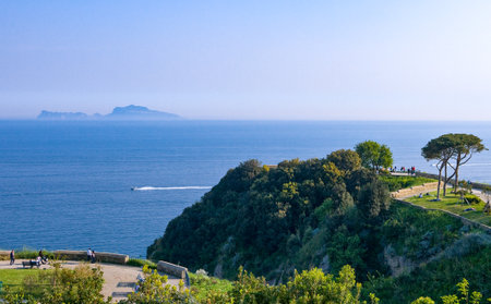 Naples, Italy - March 14, 2008:  Sea view from the Virgiliano Park with the Capri island in the backgroundの写真素材