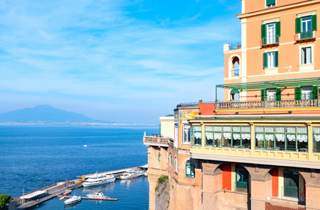 Sorrento, Italy -  November 15, 2015:  The bay seen from the country center with a luxury hotel on the rightのeditorial素材