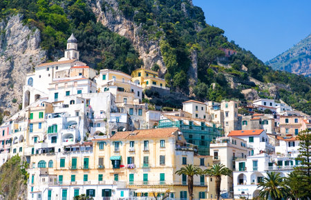 Amalfi, Italy - April 19, 2007: The town center seen from the harborのeditorial素材