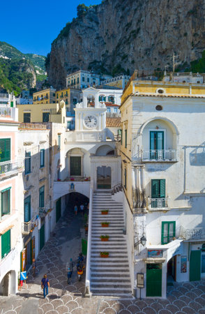 Atrani, Italy - June 29, 2011: The old town seen from the panoramic Route 163のeditorial素材