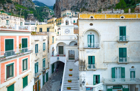 Atrani, Italy - June 29, 2011: The old town seen from the panoramic Route 163のeditorial素材