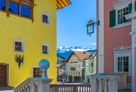 Ortisei, Italy - April 28, 2012:  traditional houses and stores of the historic town center