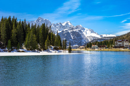 Italy, Dolomites, the Misurina Lake with the Sorapiss mountain in the backgroundの写真素材
