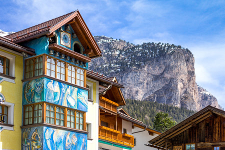 Selva di Valgardena, Italy - April 26, 2012: A typical house with decorations in the country centerのeditorial素材