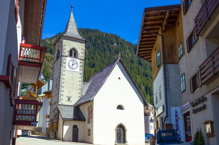 Canazei, Italy - April 26, 2012: The St Florian church in the old villageのeditorial素材