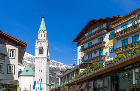 Cortina D'Ampezzo, Italy - April 27, 2012: View of  Corso Italia with the St Filippo and Giacomo parish churchのeditorial素材