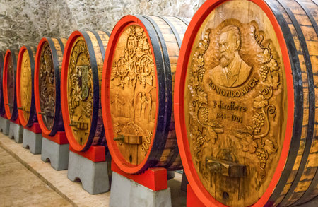 San Michele All'Adige, Italy - June 28, 2012: Fondazione Edmund Mach, the historic cellars of the Agostiniana Abbey, with decorated oak barrelsのeditorial素材