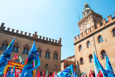 Bologna, Italy - May 6, 2016:  A labor union manifestation in Maggiore square in front of the D'Accursio palace (city hall)のeditorial素材