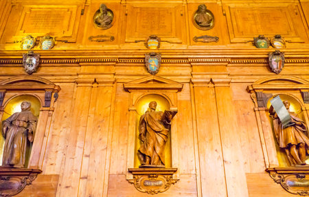 Bologna, Italy - May 4, 2016:  Statues of the father of medical science in the Anatomy Theatre of the Archiginnasio palaceのeditorial素材