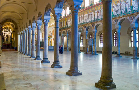 Ravenna, Italy - March 1, 2012: The aisle of S.Apollinare Nuovo basilicaのeditorial素材