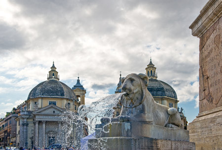 Rome,  the fountain on the basement of the obelisk in Piazza del Popoloのeditorial素材