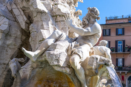 Rome, Italy - March 13, 2014:  Piazza Navona, detail of the Four Rivers fountainのeditorial素材