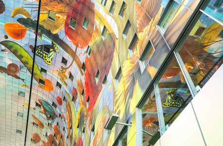 Rotterdam, The Nederlands - July 17, 2016: The colorful food paintings on the ceiling of the Market Hallのeditorial素材