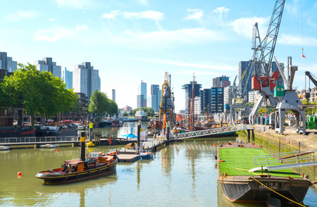 Rotterdam, The Nederlands - July 18, 2016: An old inner harbor seen from the Maritime Museum squareのeditorial素材
