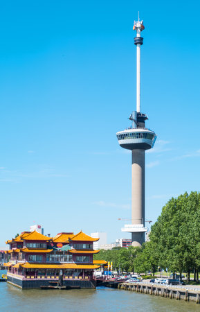 Rotterdam, The Nederlands - July 18, 2016: The Euromast Observation Tower seen from a boat crossing the Maas riverのeditorial素材