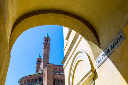 Italy, Cremona, the cathedral's spires seen from Porta Marzia street