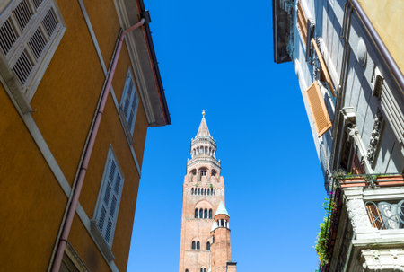 Italy, Cremona, view from the old town of the 'Torrazzo', the cathedral bell towerの写真素材