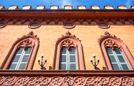 Italy, Cremona,  upward view of the Trecchi palace facadeの写真素材